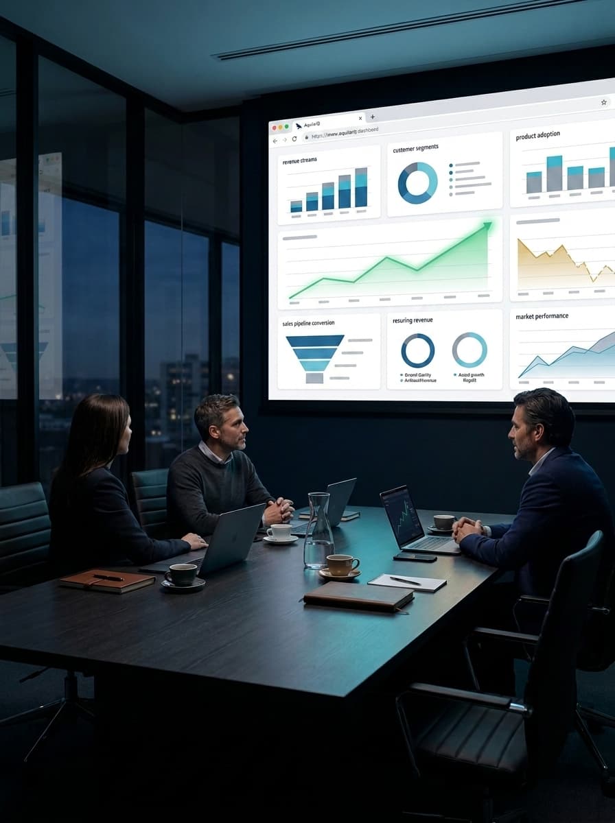 Executive team reviewing revenue, pipeline, and growth analytics dashboards