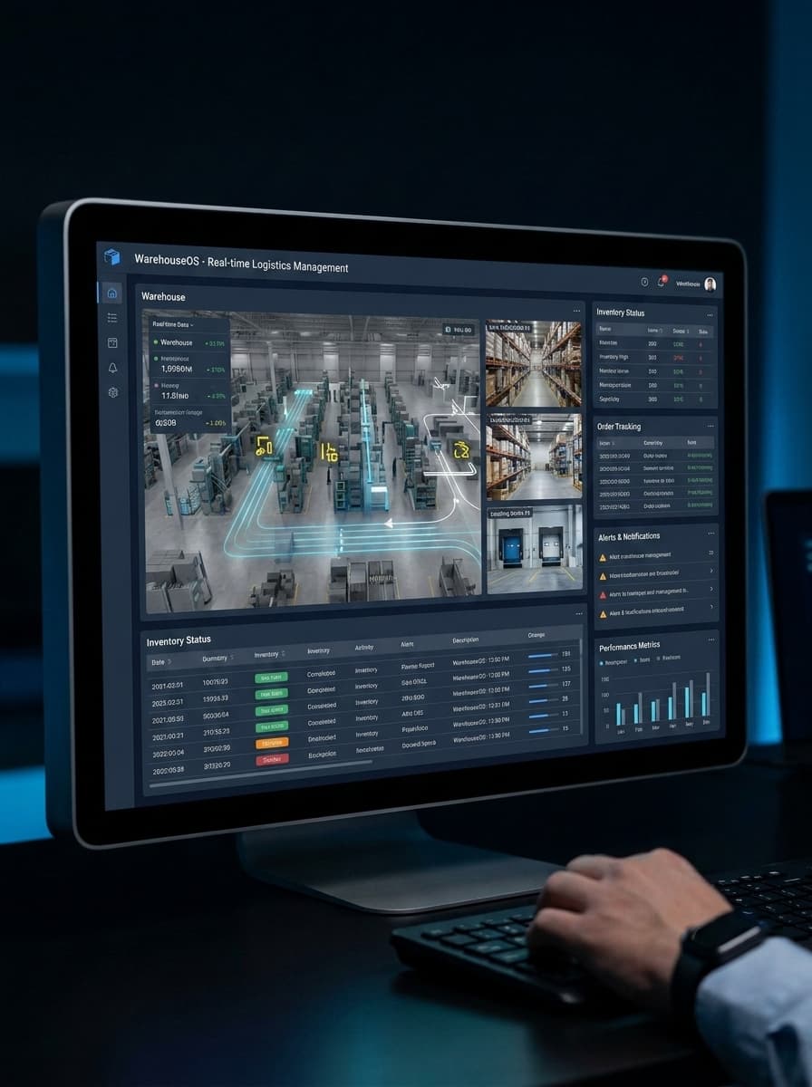 Operations control dashboard showing warehouse inventory, orders, alerts, and performance
