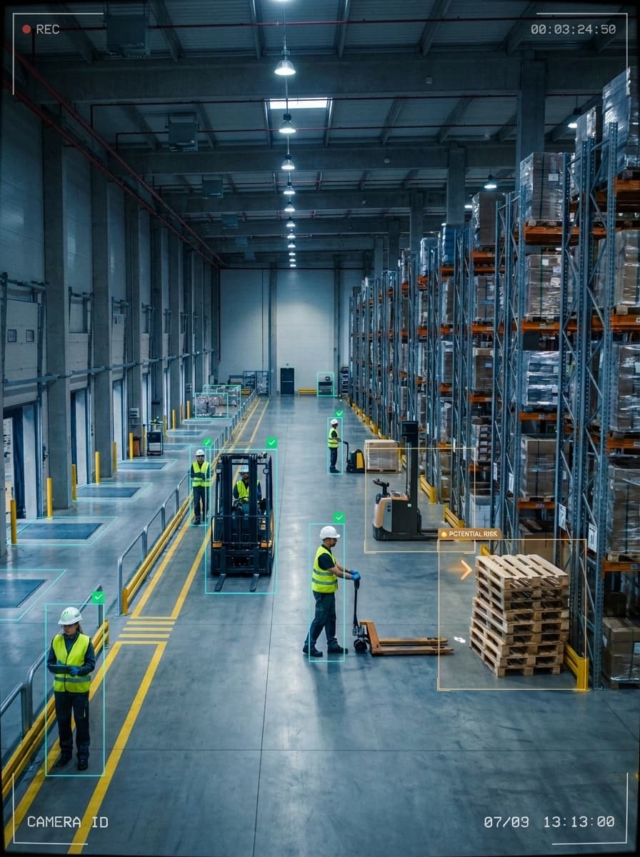 Warehouse workers and forklifts monitored by a computer-vision safety system